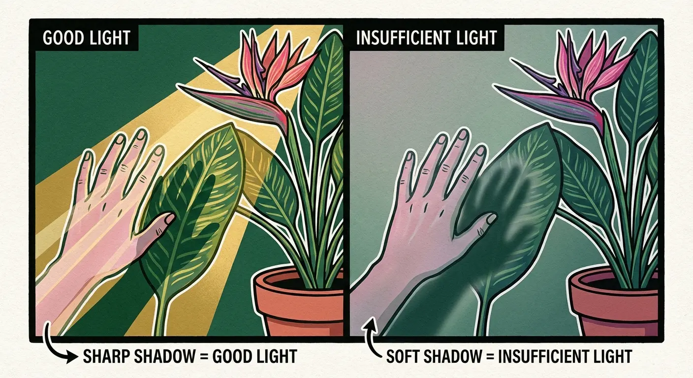 Illustration showing how to test if a Bird of Paradise is receiving enough light to bloom. This shows why won't bird of paradise bloom and how to diagnose light issues.