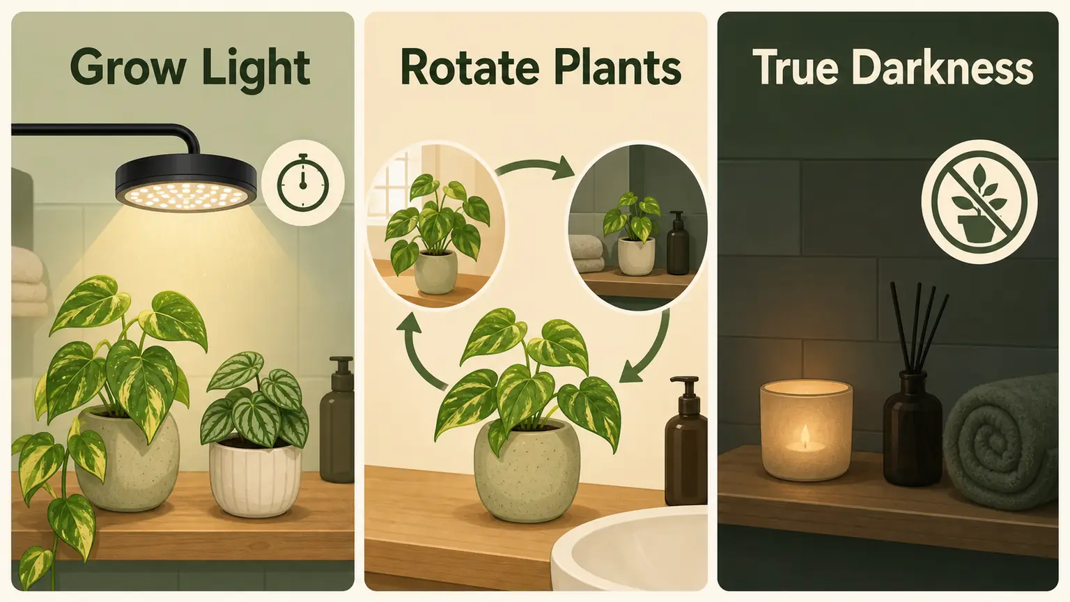 Illustrative windowless bathroom plant options with grow light, plant rotation, and true darkness warning
