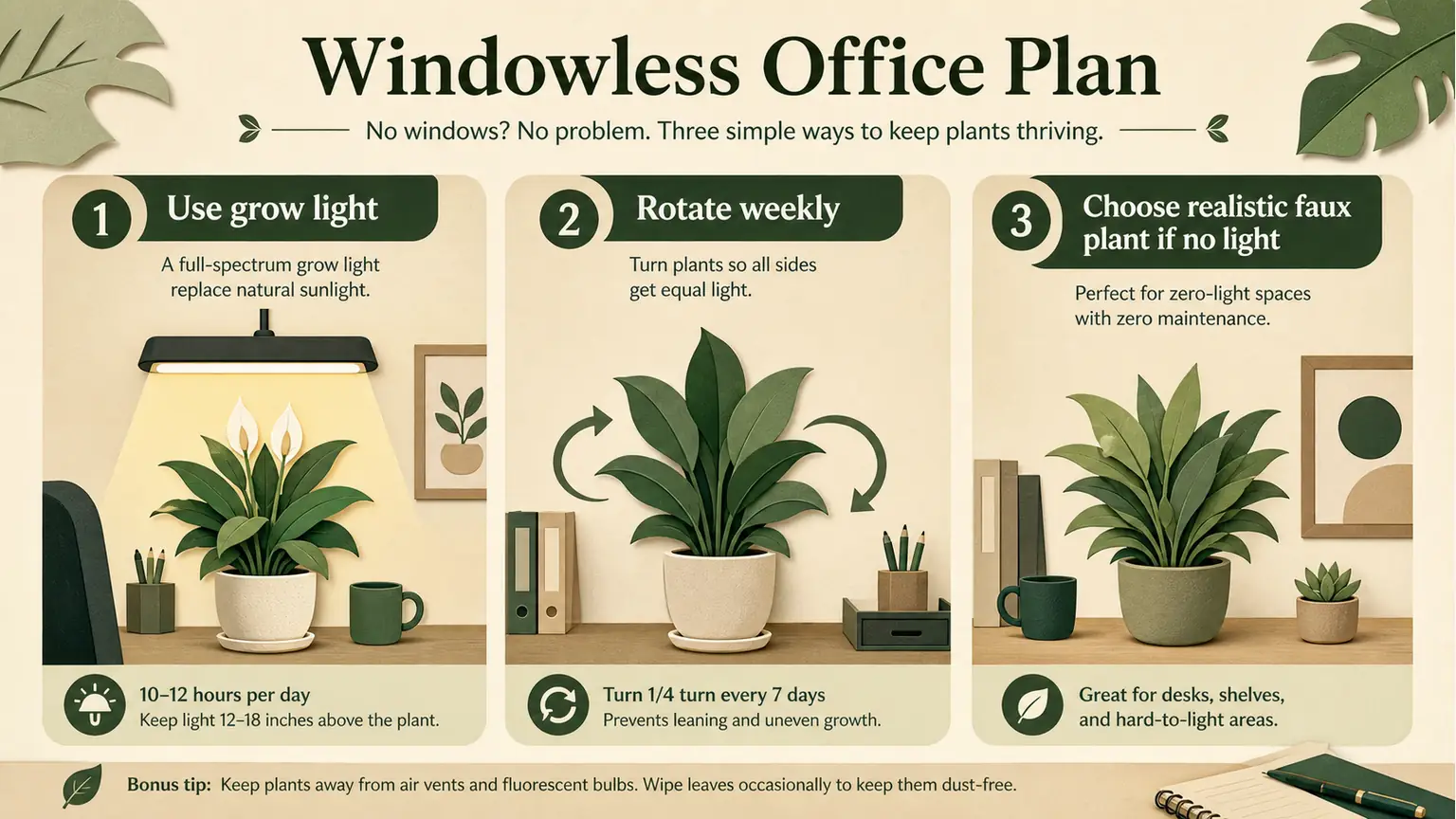 Stylized windowless office plant plan with grow light, plant rotation, and faux plant fallback