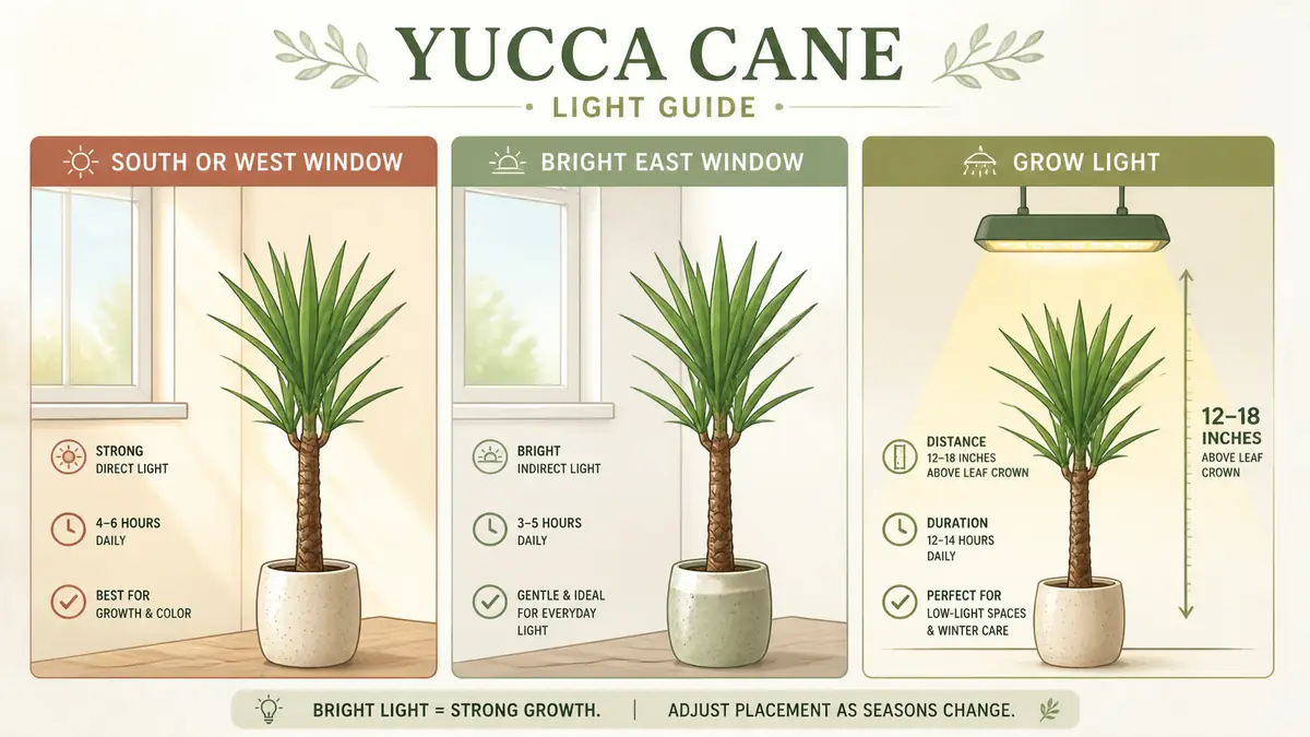 yucca plant care light guide showing south window and grow light distance