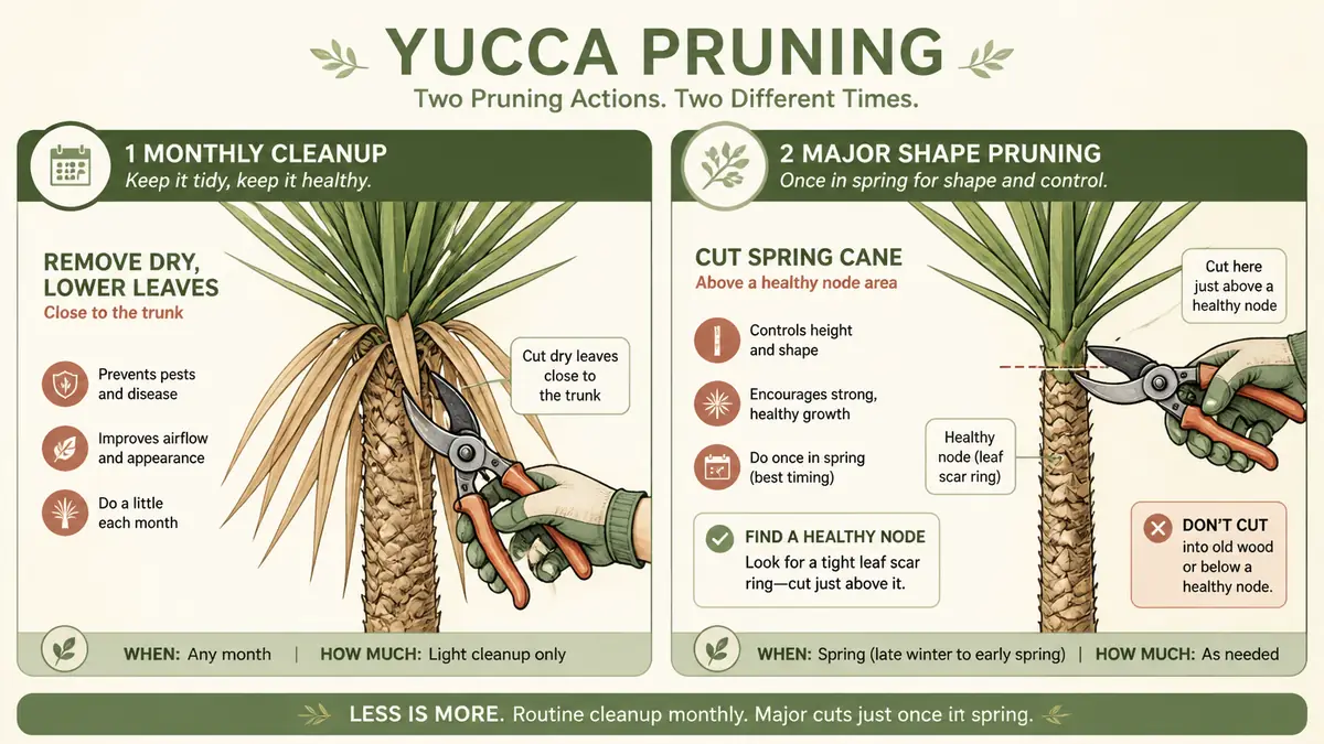 yucca plant care pruning guide showing dead leaf removal and cane pruning