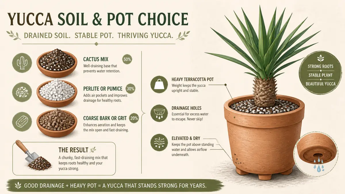 yucca plant care soil recipe and heavy pot infographic