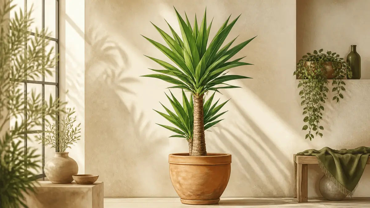 yucca plant care guide showing a strong upright indoor yucca cane in a bright room