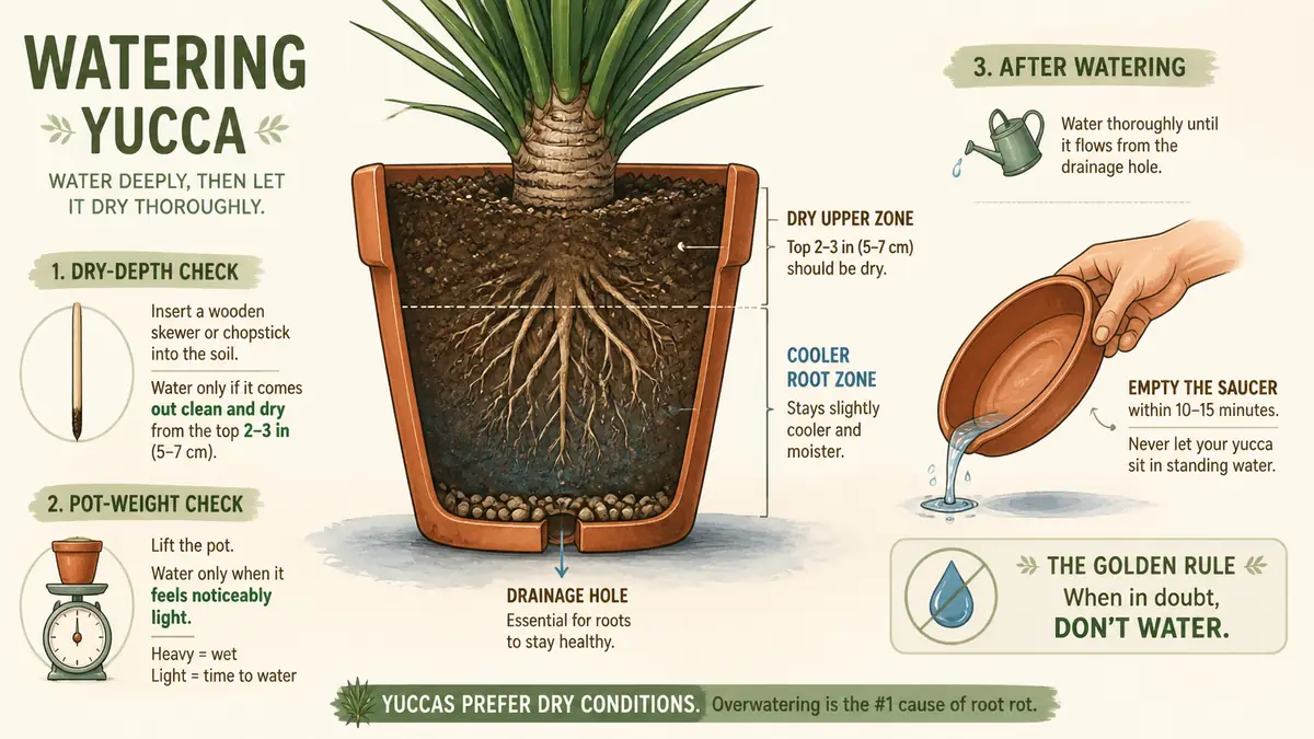 yucca plant care watering guide showing dry soil depth and drainage