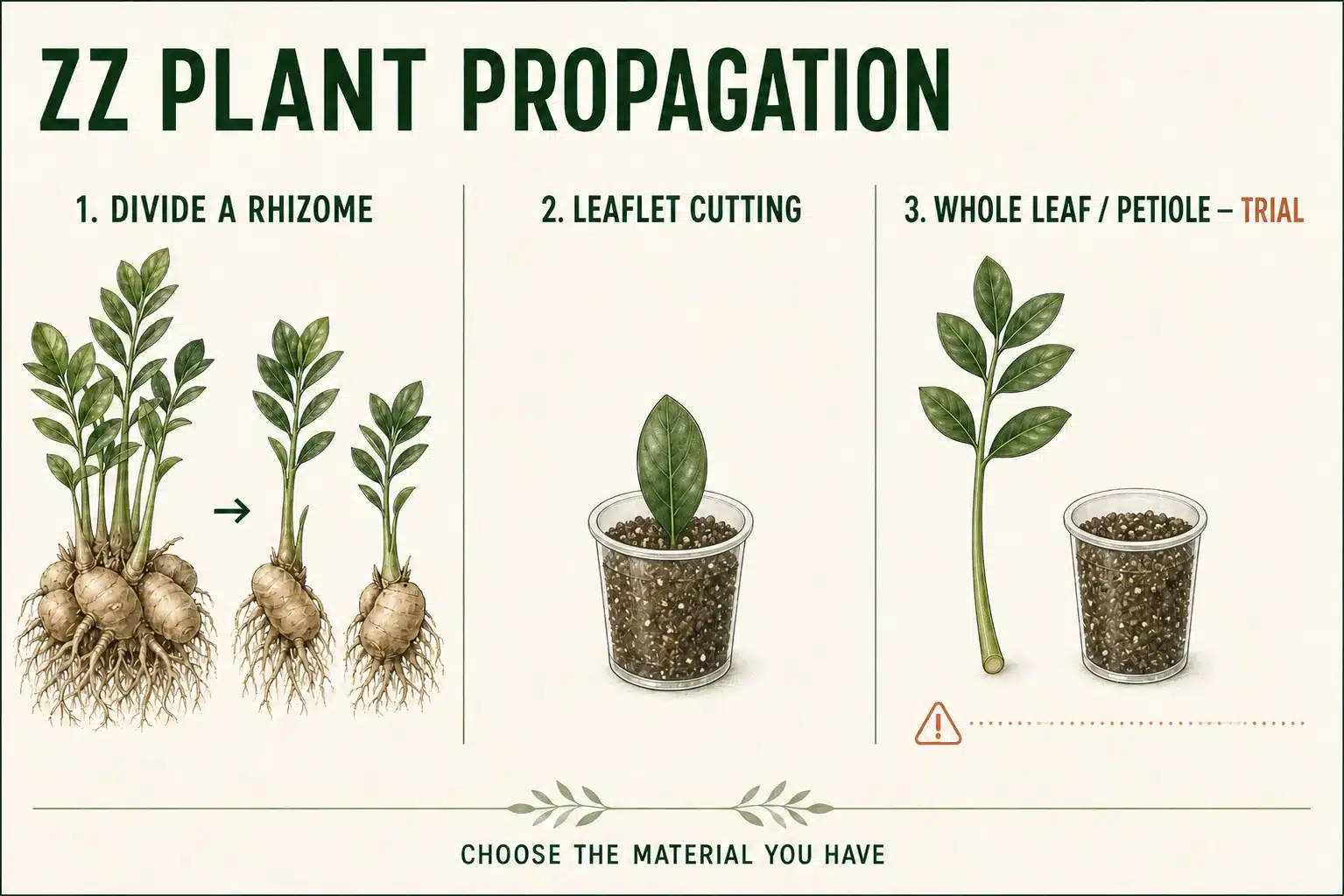 ZZ plant propagation comparison showing rhizome division, a whole-leaf petiole cutting, and a leaflet cutting