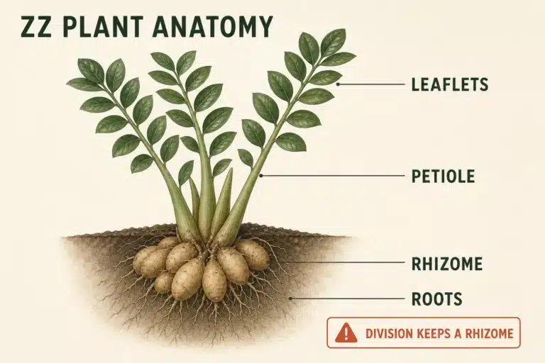 ZZ plant diagram showing a firm water-storing rhizome, roots, petioles, and individual leaflets