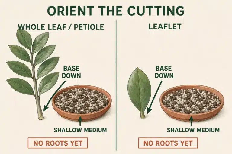 ZZ plant whole compound leaf with petiole and a separate leaflet shown base-down in an airy propagation medium