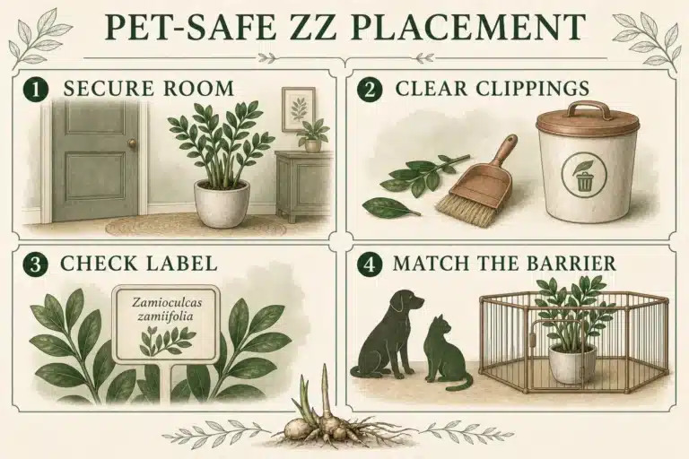 Botanical editorial prevention plate showing a secure room, cleared ZZ clippings, a botanical label, and a barrier matched to pets