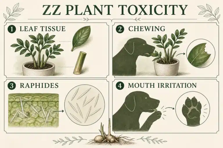 Botanical editorial diagram showing ZZ leaf tissue, chewing, raphide crystals, and resulting mouth irritation
