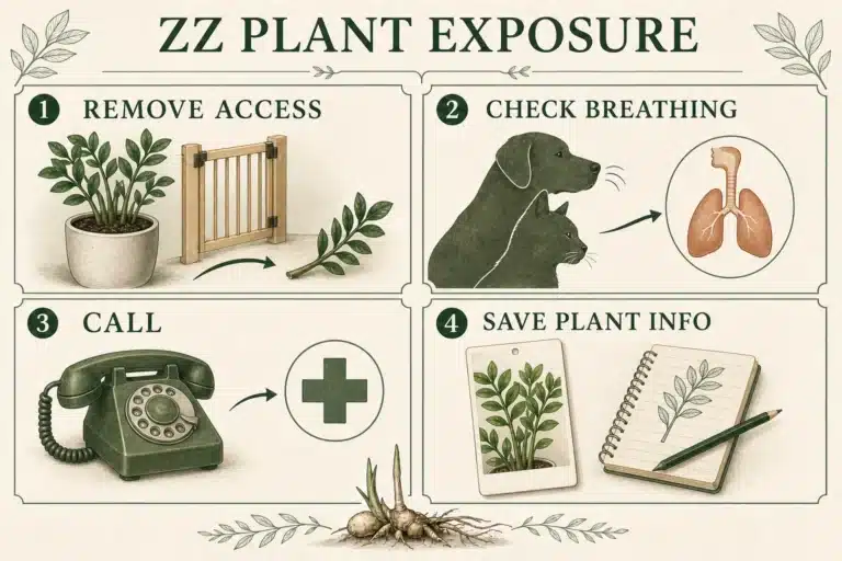 Botanical editorial response flow showing remove access, check breathing, call a professional, and save ZZ plant information