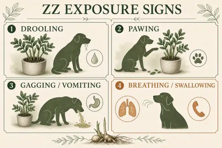 Botanical editorial symptom plate showing drooling, pawing, gagging or vomiting, and breathing or swallowing trouble after ZZ exposure