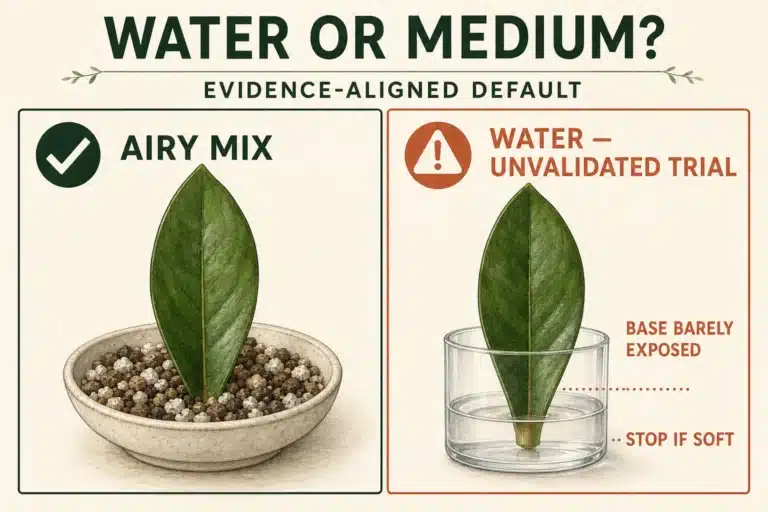 Decision aid comparing an unvalidated water trial with the evidence-aligned free-draining medium for ZZ propagation