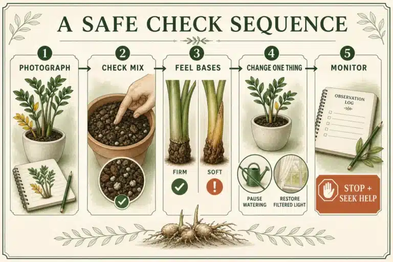 ZZ plant yellow-leaf action sequence showing photograph, mix check, base check, one correction, monitoring, and a stop boundary