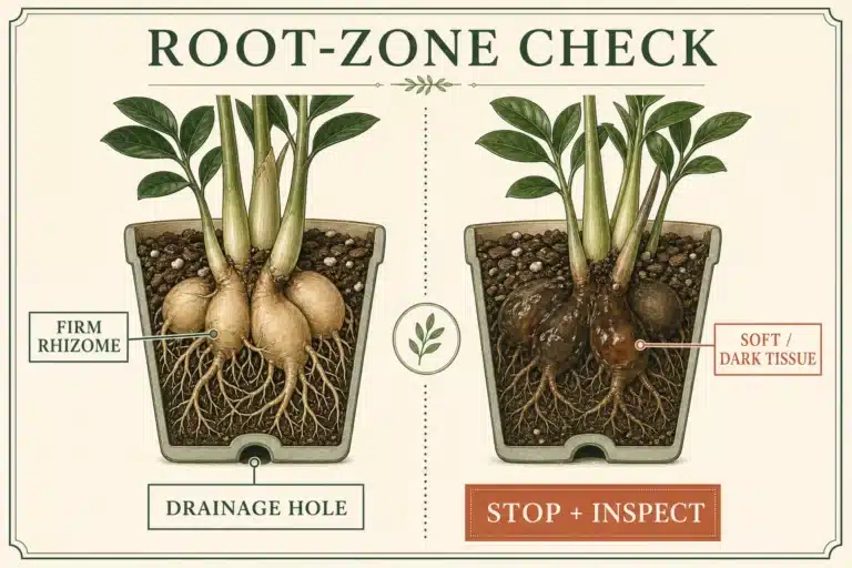ZZ plant yellow leaves root-zone diagram comparing a firm rhizome and roots with a soft dark tissue stop signal